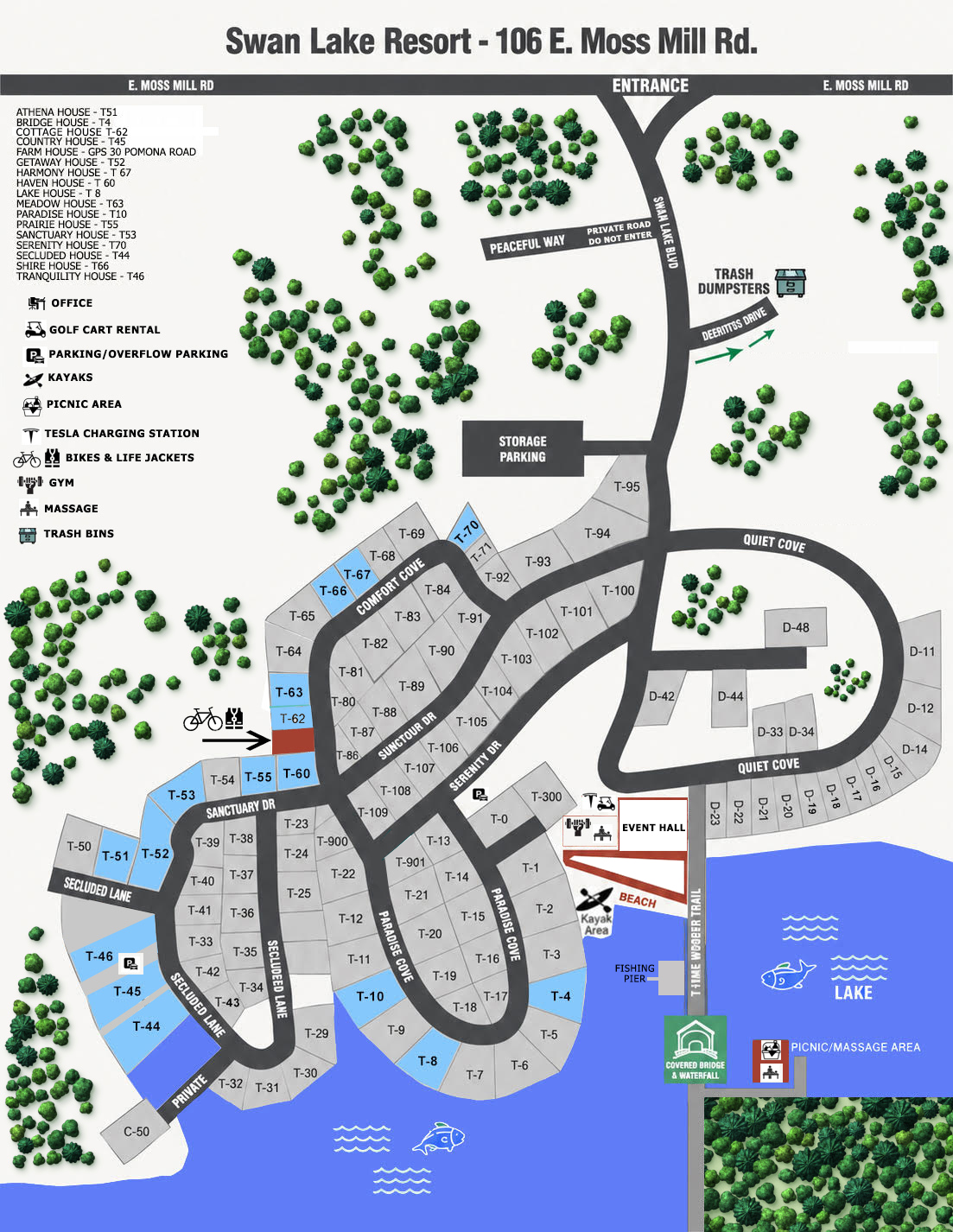 Swan Lake Resort map at 106 E. Moss Mill Road showing villas, roads, the event hall, beach, fishing pier, gym, picnic and massage areas, and covered bridge.