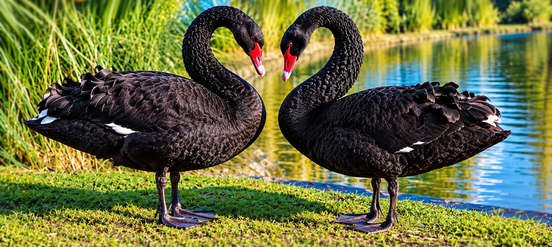 Two black swans facing each other on the grassy bank at Swan Lake