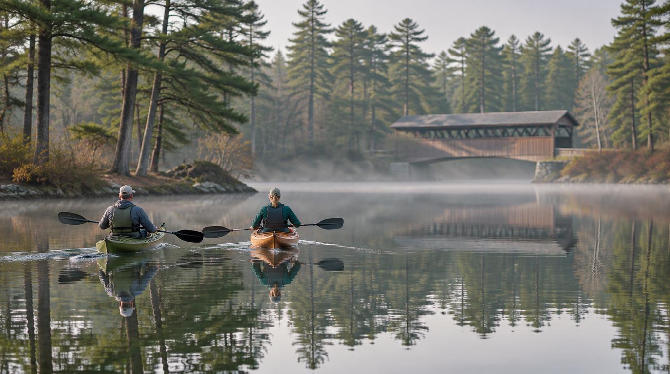 Two kayaks gliding toward the covered bridge on Swan Lake