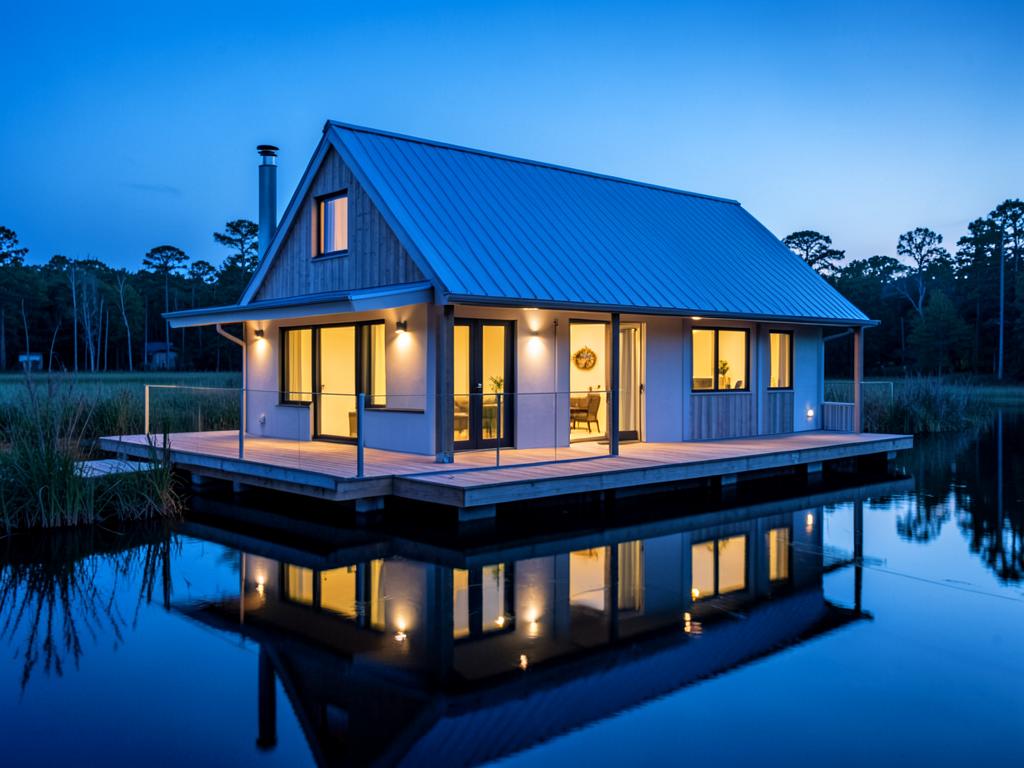 Lakefront home glowing at dusk over calm water at Swan Lake Resort