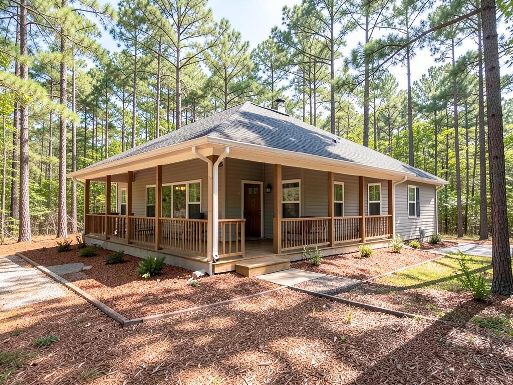 Home with a wide covered porch surrounded by tall pines at Swan Lake Resort