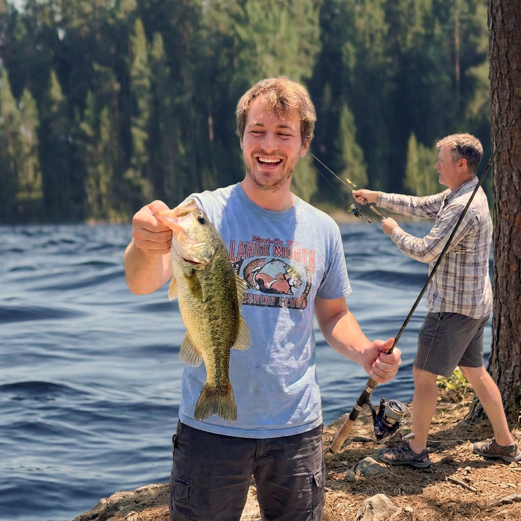 A largemouth bass held up on the shore at Swan Lake