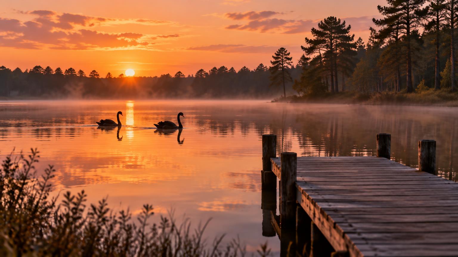 Sunset over Swan Lake with a quiet dock and two black swans on the water
