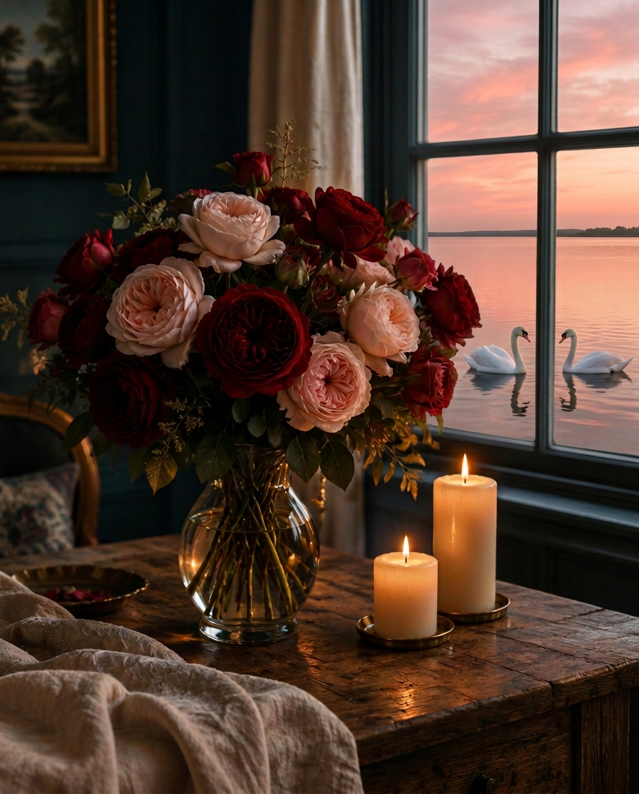 A bouquet of red and blush roses with lit candles beside a window overlooking the lake